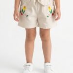 Girls Organic Cotton Drill Knee Length Floral Embroidered Pocket Shorts - Beige