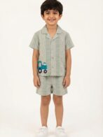 Boys Organic Cotton Woven Short Sleeve Vehical Embroidered Applique  Shirt & Shorts Set - Green