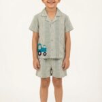 Boys Organic Cotton Woven Short Sleeve Vehical Embroidered Applique  Shirt & Shorts Set - Green
