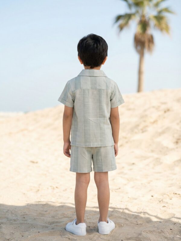 Boys Organic Cotton Woven Short Sleeve Vehical Embroidered Applique  Shirt & Shorts Set - Green - Image 2