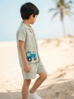 Boys Organic Cotton Woven Short Sleeve Vehical Embroidered Applique  Shirt & Shorts Set - Green - Image 3