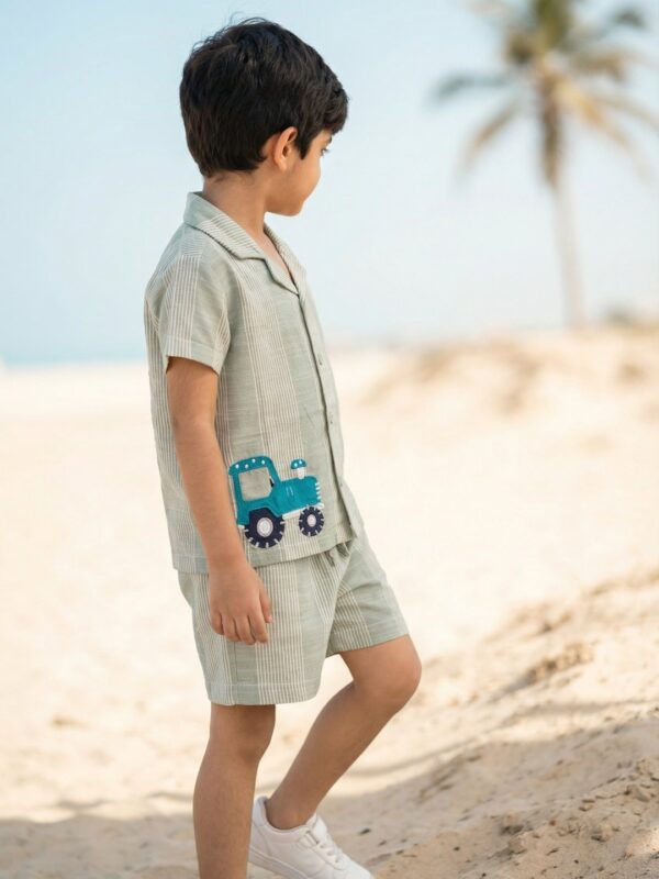 Boys Organic Cotton Woven Short Sleeve Vehical Embroidered Applique  Shirt & Shorts Set - Green - Image 3
