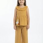 Girls Organic Cotton Seer sucker Sleev Less Duck Embroidered Frill Top  &  Pant set - Yellow
