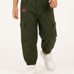 Boys Organic Cotton Ripstop Full Length Scooter Embroidered Pant - Olive Green