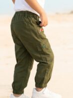 Boys Organic Cotton Ripstop Full Length Scooter Embroidered Pant - Olive Green - Image 3