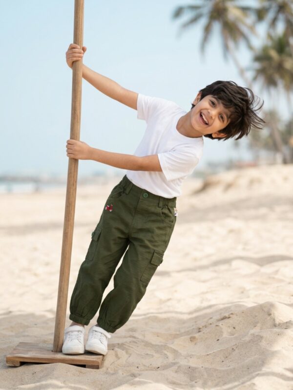 Boys Organic Cotton Ripstop Full Length Scooter Embroidered Pant - Olive Green - Image 4
