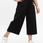 Girls Organic Cotton Crape Ankle length Flowers Embroidered Pant - Black