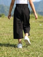 Girls Organic Cotton Crape Ankle length Flowers Embroidered Pant - Black - Image 2