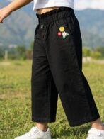 Girls Organic Cotton Crape Ankle length Flowers Embroidered Pant - Black - Image 3