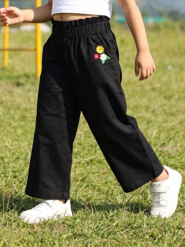 Girls Organic Cotton Crape Ankle length Flowers Embroidered Pant - Black - Image 4