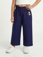 Girls Organic Cotton Crape Ankle length Flowers Embroidered Pant - Navy Blue