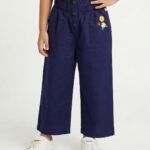 Girls Organic Cotton Crape Ankle length Flowers Embroidered Pant - Navy Blue