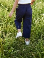 Girls Organic Cotton Crape Ankle length Flowers Embroidered Pant - Navy Blue - Image 2