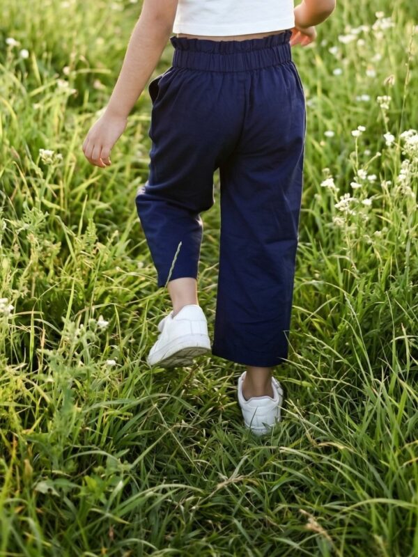 Girls Organic Cotton Crape Ankle length Flowers Embroidered Pant - Navy Blue - Image 2