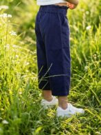 Girls Organic Cotton Crape Ankle length Flowers Embroidered Pant - Navy Blue - Image 3