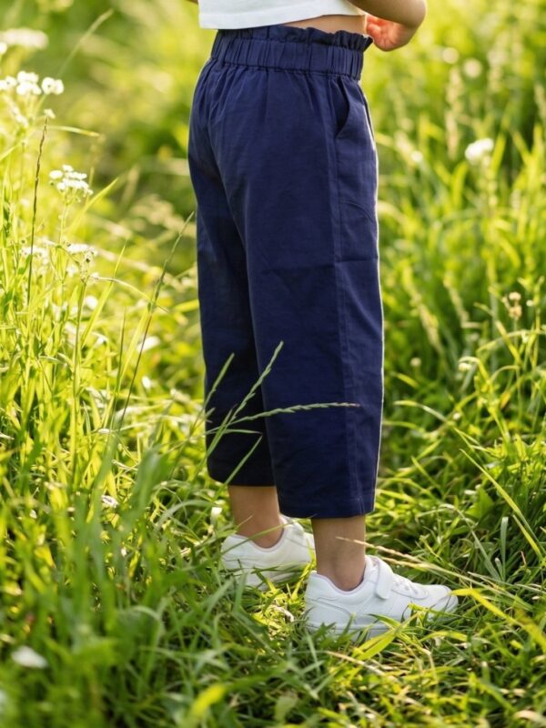 Girls Organic Cotton Crape Ankle length Flowers Embroidered Pant - Navy Blue - Image 3