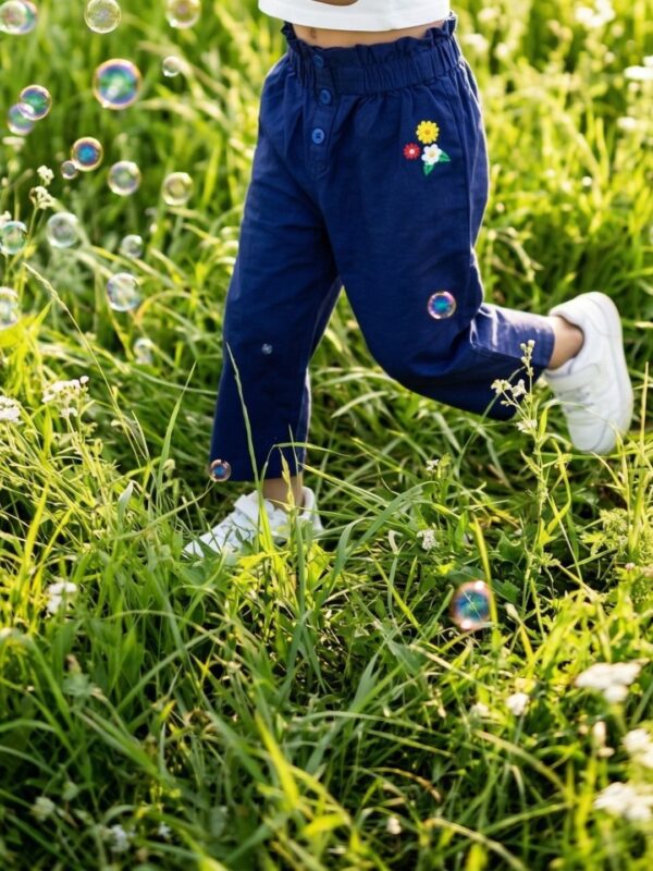 Girls Organic Cotton Crape Ankle length Flowers Embroidered Pant - Navy Blue - Image 4