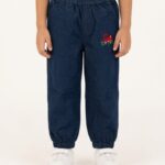 Unisex Organic Cotton Chambray Full length Racket Embroidered Pant - Blue