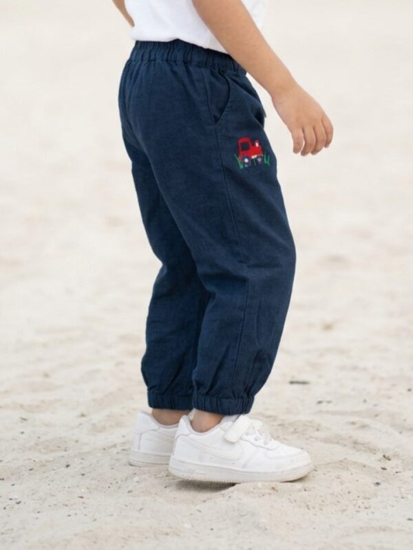 Unisex Organic Cotton Chambray Full length Racket Embroidered Pant - Blue - Image 3