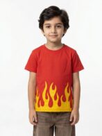 Boys Organic Cotton Single Jersey Short Sleev Fire Print T-Shirt - Red